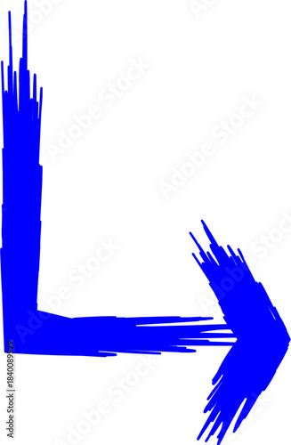 A blue brushstroke arrow pointing right after turning down, with a distressed, textured appearance on a white background.
