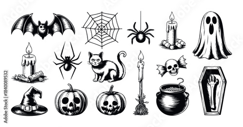 Spooky Halloween symbols including a bat, spiders, ghost, pumpkins, witch hat, coffin, and cauldron for festive celebrations and dark themes.