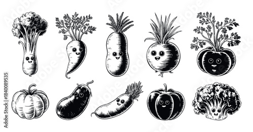Collection of anthropomorphic vegetables with happy faces, perfect for healthy eating campaigns, childrens books, and foodrelated promotions