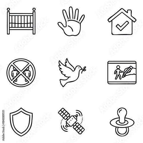 Collection of nine simple icons representing safety, family, communication, and home, perfect for website navigation or app interfaces.