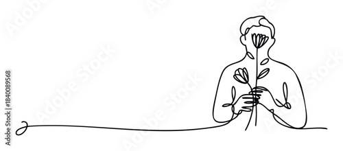 Minimalist continuous line drawing of a person holding a flower, symbolizing growth, nature, and selfcare, ideal for wellness and organic product promotions