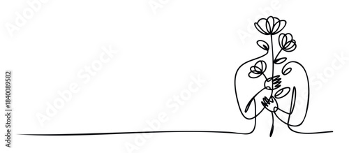 One line drawing of hands holding delicate flowers creating a symbolic gesture of care and growth, perfect for nature or wellness themes