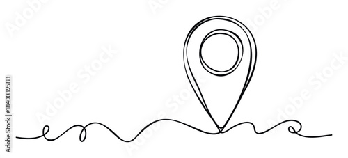 Continuous line drawing of a location pin connected to a winding path, symbolizing travel and navigation for global positioning systems and destination search applications