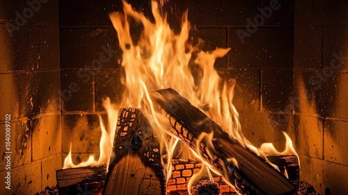 Warm Fireplace Flames Dancing on Logs Cozy Evening Ambiance.
