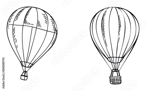 Two hand drawn hot air balloons suspended in the air symbolizing adventure and travel, perfect for exploration themed projects and journey related visuals