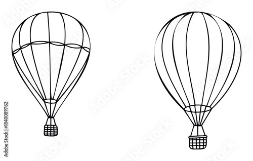 Two simple line drawings of hot air balloons, one slightly more detailed with a basket, perfect for travel or adventure themed projects.