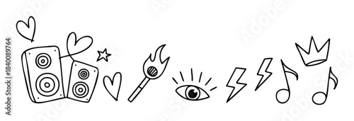 Fun collection of hand drawn symbols representing music, energy, and celebration for use in party flyers, social media posts, and event invitations.
