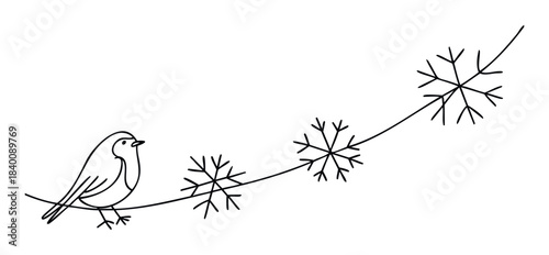 Whimsical line drawing of a small bird perched on a delicate branch adorned with snowflakes, perfect for winter holiday themes and festive greeting cards.