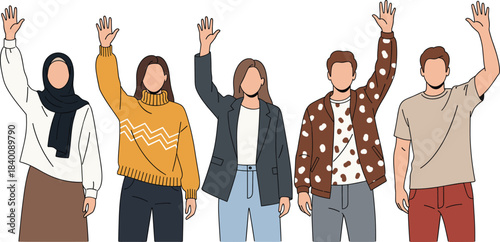Vector illustration set of diverse and multicultural men and women raising their hands to wave, representing greetings, inclusion, and a wide community group