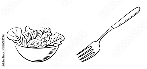 Simple line drawing of a fresh green salad in a bowl next to a fork, perfect for healthy eating concepts and culinary promotions.