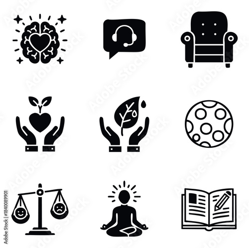 Collection of black solid icons representing mental health, support, self care and learning for wellness or therapy applications