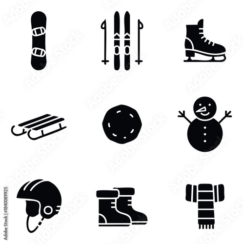 Collection of winter sports equipment and symbols including snowboard skis ice skates sled snowman helmet boots and scarf representing outdoor seasonal activities