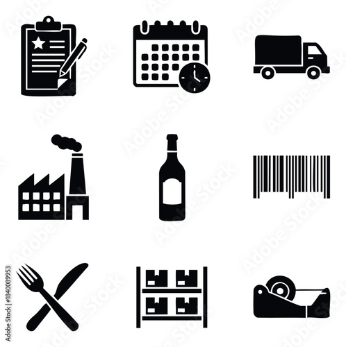 Set of nine black icons representing business logistics, production, scheduling, and food services for commercial use in presentations and web applications.