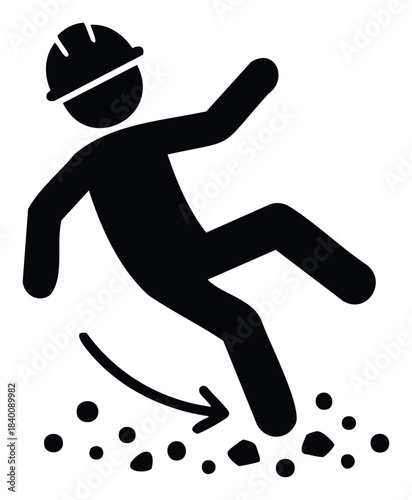 Construction worker in hard hat slipping on debris, illustrating workplace safety hazards and preventing accidents for industry use