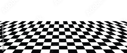 Black and White Chess Board Pattern Floor in Perspective with Vanishing Point for Background, Stage, or Race Track Design
