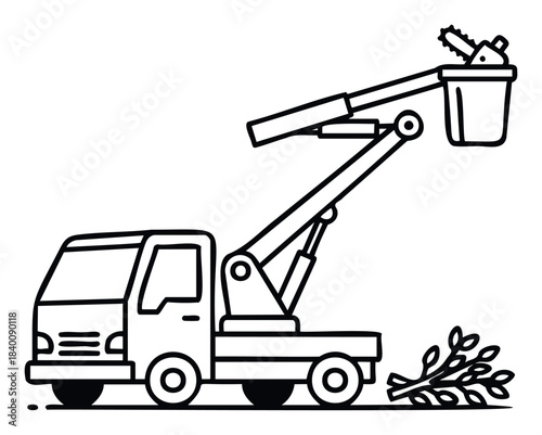 Line drawing of a truck with a cherry picker arm holding a chainsaw and bucket, ready for tree trimming services and urban maintenance tasks.