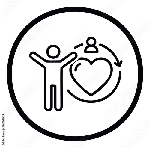 Symbol of mutual care and support showing a person and a heart within a circular flow representing community and connection for health and wellbeing concepts.