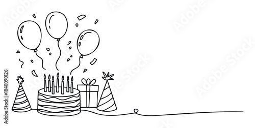 Simple hand drawn line art celebration graphic with birthday cake, candles, balloons, gifts and party hats perfect for festive invitations and greeting cards