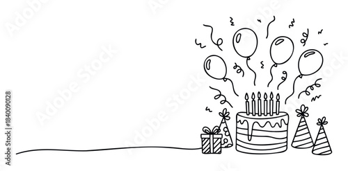 Simple line drawing of birthday celebration with cake, candles, balloons, party hats, and gift symbolizing joyous festive occasions and party planning for invitations and greetings.