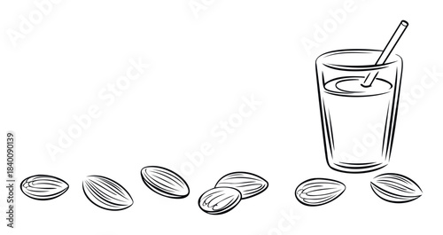 Fresh almonds and a glass of almond milk with a straw shown in a simple outline style for healthy beverage and food promotions