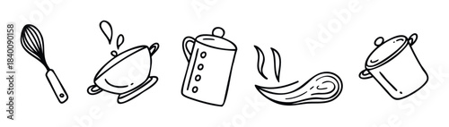 Collection of simple handdrawn kitchenware icons for cooking and culinary themes, representing tools and utensils for food preparation and serving.