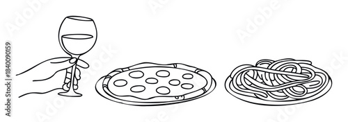Hand holding wine glass with pizza and pasta arrangement for celebratory meal or restaurant promotion