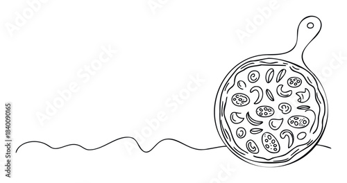 Hand drawn pizza on a wooden board with a wavy line flowing from it, perfect for food service or cooking related projects