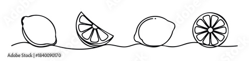 A continuous line drawing showcases a variety of lemon slices and whole fruits, perfect for use in food and beverage marketing or refreshing summerthemed projects.