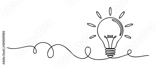 Minimalist continuous line drawing of a light bulb radiating light, symbolizing inspiration and ideas, perfect for branding and creative projects.