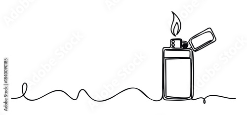 Single line drawing of a lit lighter with a flame, symbolizing ignition and new beginnings, perfect for conceptual use and storytelling.