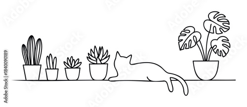 Minimalist line drawing of a cat lounging among potted houseplants on a shelf, perfect for home decor or petthemed graphics.
