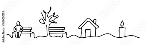 Simple line drawing depicts person on bench near tree, house and candle representing home, life and contemplation for graphic projects.