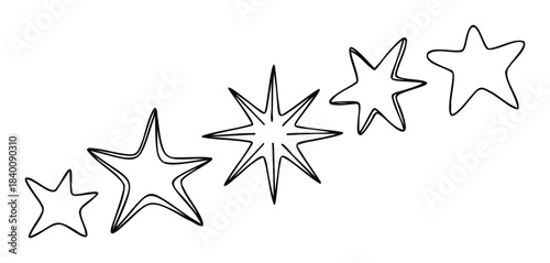 A collection of five scattered stars in black outline on a white background, perfect for use in celebratory designs and graphic projects.