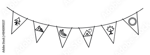 Hand drawn vector garland of triangular flags with outdoor adventure symbols like trees mountains moon tents and leaves suitable for childrens parties or camping events.