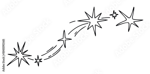 Whimsical collection of hand drawn stars and motion lines suggesting a cosmic journey or celebratory explosion, perfect for design projects and festive graphics.