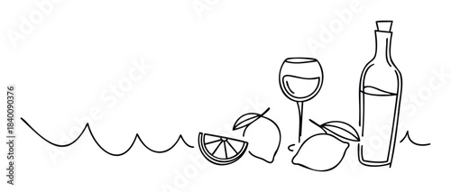 Minimalist line drawing of a wine bottle and glass with lemons, evoking a refreshing citrus beverage concept for food and drink related themes.