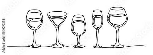 Collection of five elegantly drawn wine glasses in a single continuous line style perfect for beverage and hospitality promotions