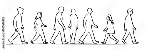 Group of diverse people walking in a line, representing movement, community, and progress, ideal for concepts of journey, teamwork, and social interaction in diverse settings.