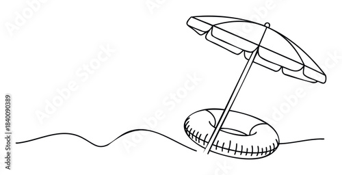 Minimalist line drawing of a beach umbrella and swim ring on sandy waves, perfect for summer vacation promotions and leisure travel campaigns.
