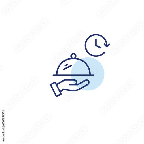 Restaurant food cloche in hand and clock. Food delivery, room service and timed menu orders. Pixel perfect, editable stroke vector icon
