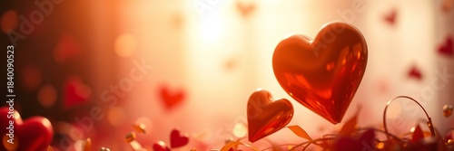 Romantic Red Hearts with Warm Glowing Bokeh Effect, wide panoramic background