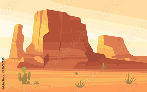 Vector desert scene with towering monolithic rocks, golden sunlight, sparse cacti, and minimalist geometric design in warm tones