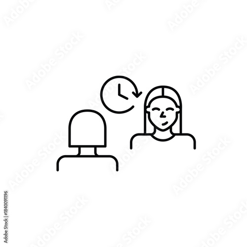 2 women talking and clock. Scheduled appointment, timed consultation and therapy session. Pixel perfect, editable stroke vector icon
