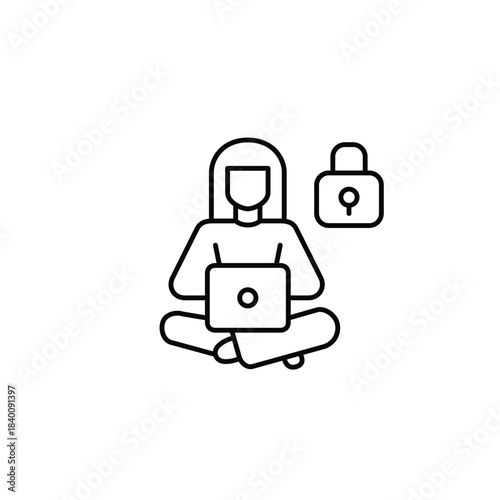 Woman at laptop and lock. Secure access, data protection and cybersecurity awareness. Pixel perfect, editable stroke vector icon