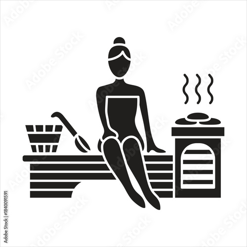Woman relaxing in a sauna with bucket, ladle, and steam heater Vector