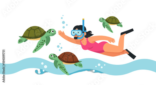 Woman Swimming With Turtles In The Ocean Depicting Underwater Adventure And Snorkeling
