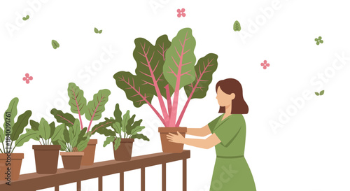 Woman Tending Plants on a Balcony, Cultivating a Green Oasis Under Black Sky