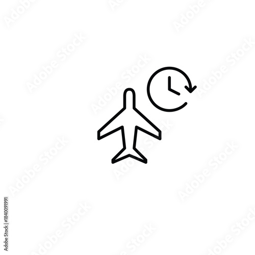 Plane symbol and clock. Boarding time reminder, flight schedule. Pixel perfect, editable stroke vector icon