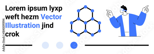 Molecule structure illustration and person pointing in gesture of explanation. Ideal for education, research, science communication, technology, innovation, chemistry concept, simple landing page