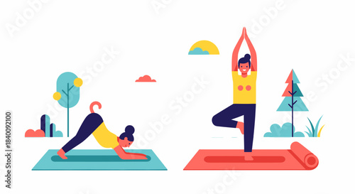 Yoga Practice: Harmonious Illustration Depicting Physical Poses, Healthy Lifestyle, and Well-being